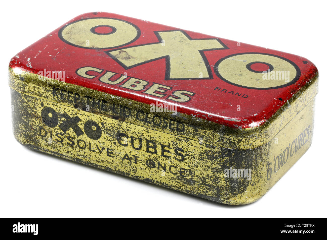 Vintage tin cubes OXO isolé sur fond blanc. Banque D'Images