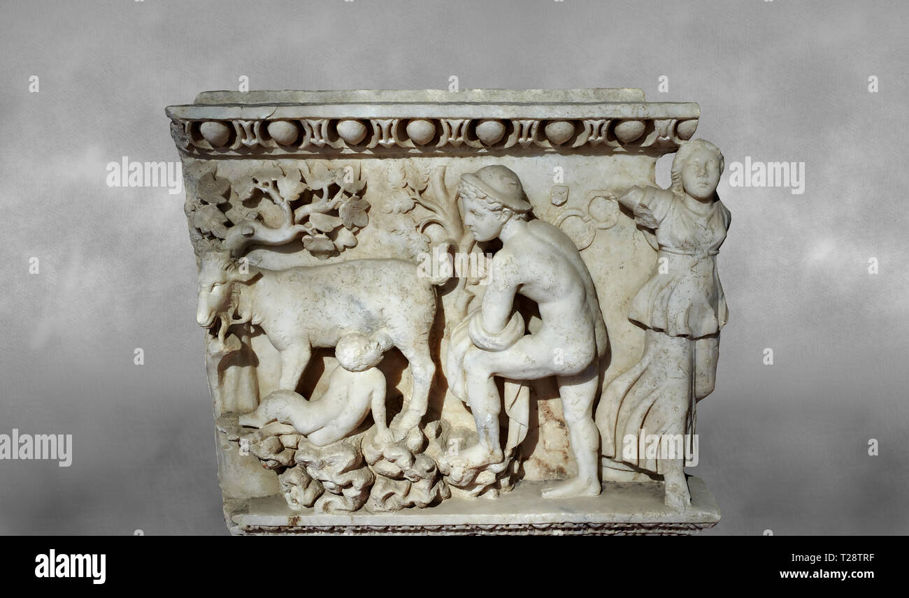 Allégement de la sculpture romaine Dionysos et Pan. Roman 2ème siècle AD, Laodicée. Musée Archéologique de Hierapolis, Turquie Banque D'Images