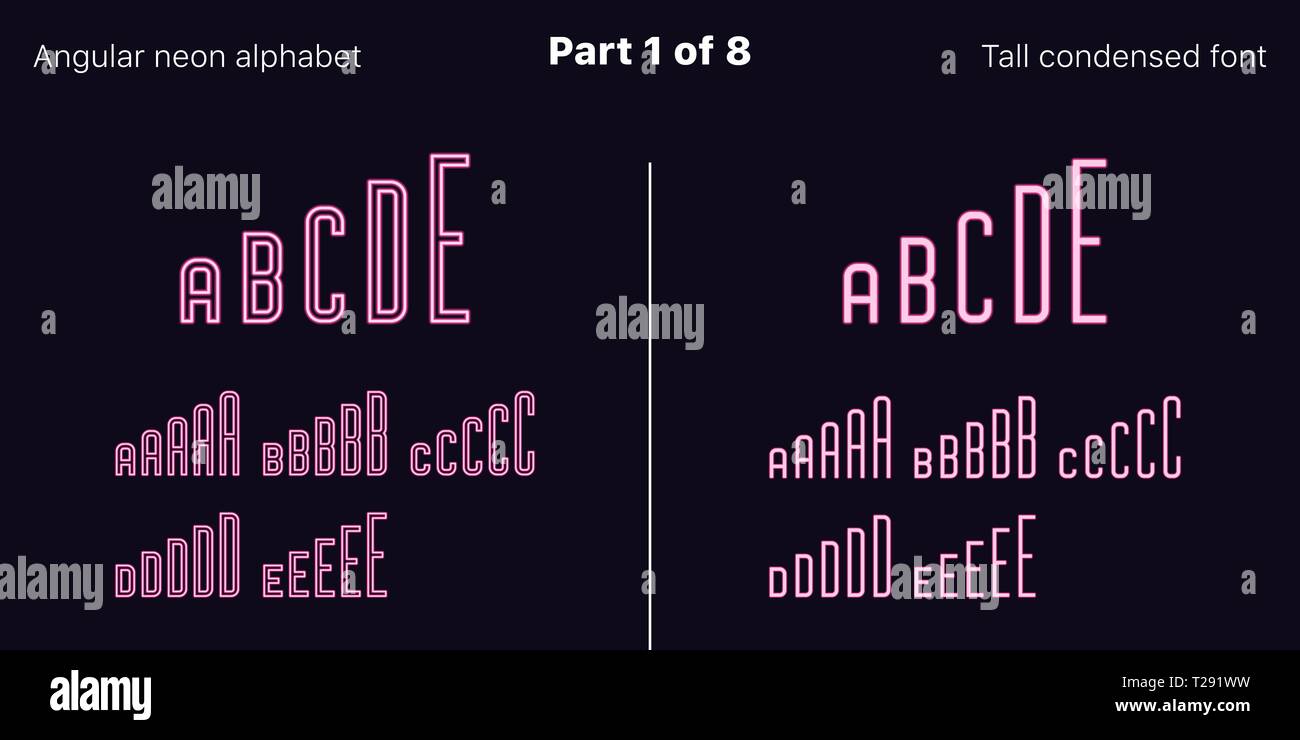Néon rose condensée font, anguleux. Polices vectorielles décrites et rempli de styles, partie 1 de 8. Alphabet majuscule au néon avec des lettres, numbe Illustration de Vecteur