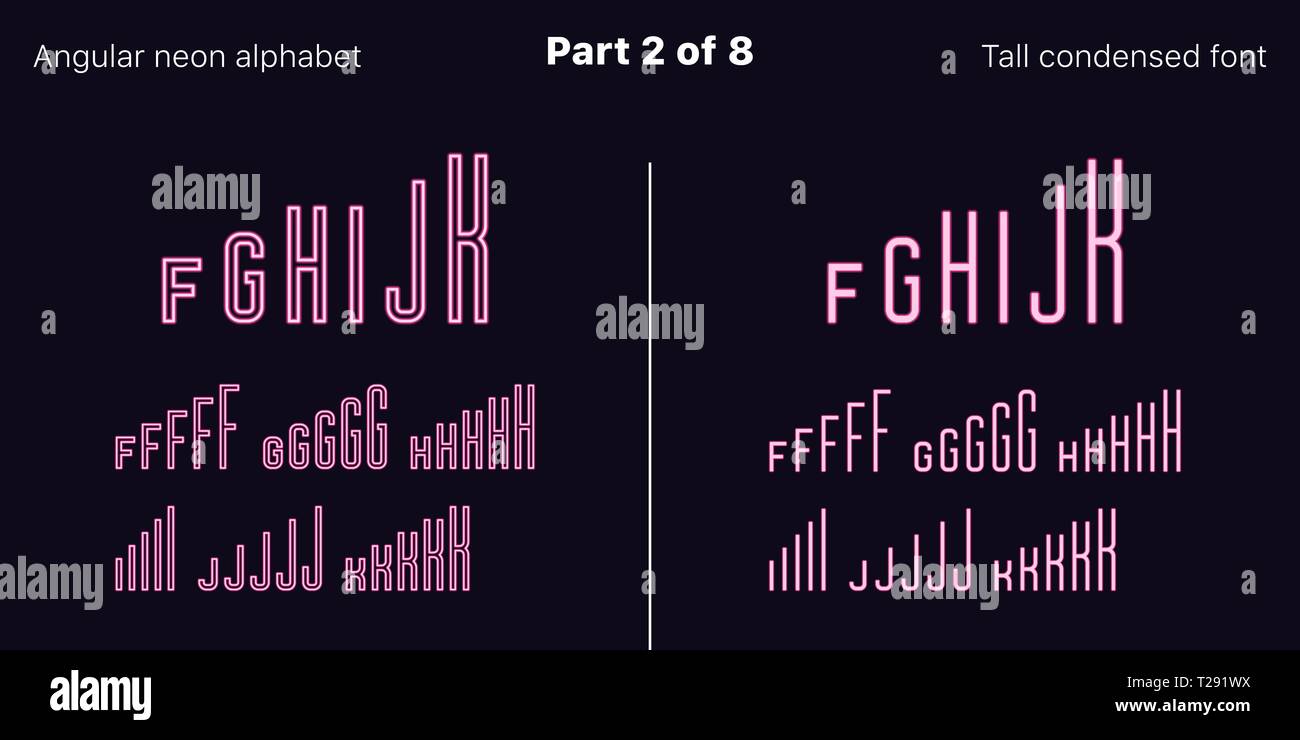 Néon rose condensée font, anguleux. Polices vectorielles décrites et rempli de styles, partie 2 de 8. Alphabet majuscule au néon avec des lettres, numbe Illustration de Vecteur