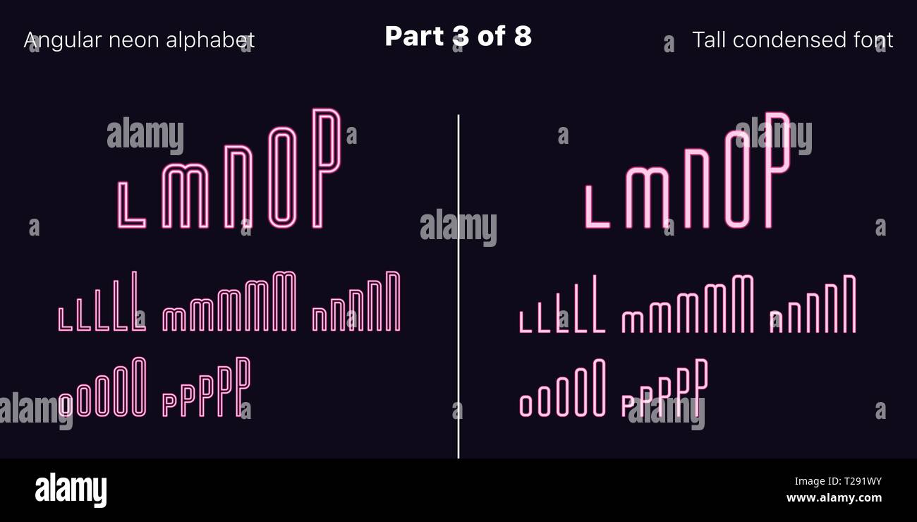 Néon rose condensée font, anguleux. Polices vectorielles décrites et rempli de styles, partie 3 de 8. Alphabet majuscule au néon avec des lettres, numbe Illustration de Vecteur