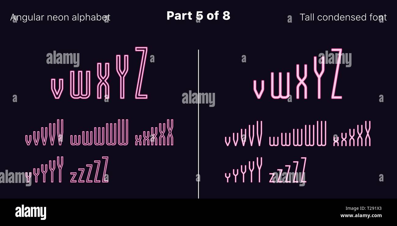 Néon rose condensée font, anguleux. Polices vectorielles décrites et rempli de styles, partie 5 de 8. Alphabet majuscule au néon avec des lettres, numbe Illustration de Vecteur