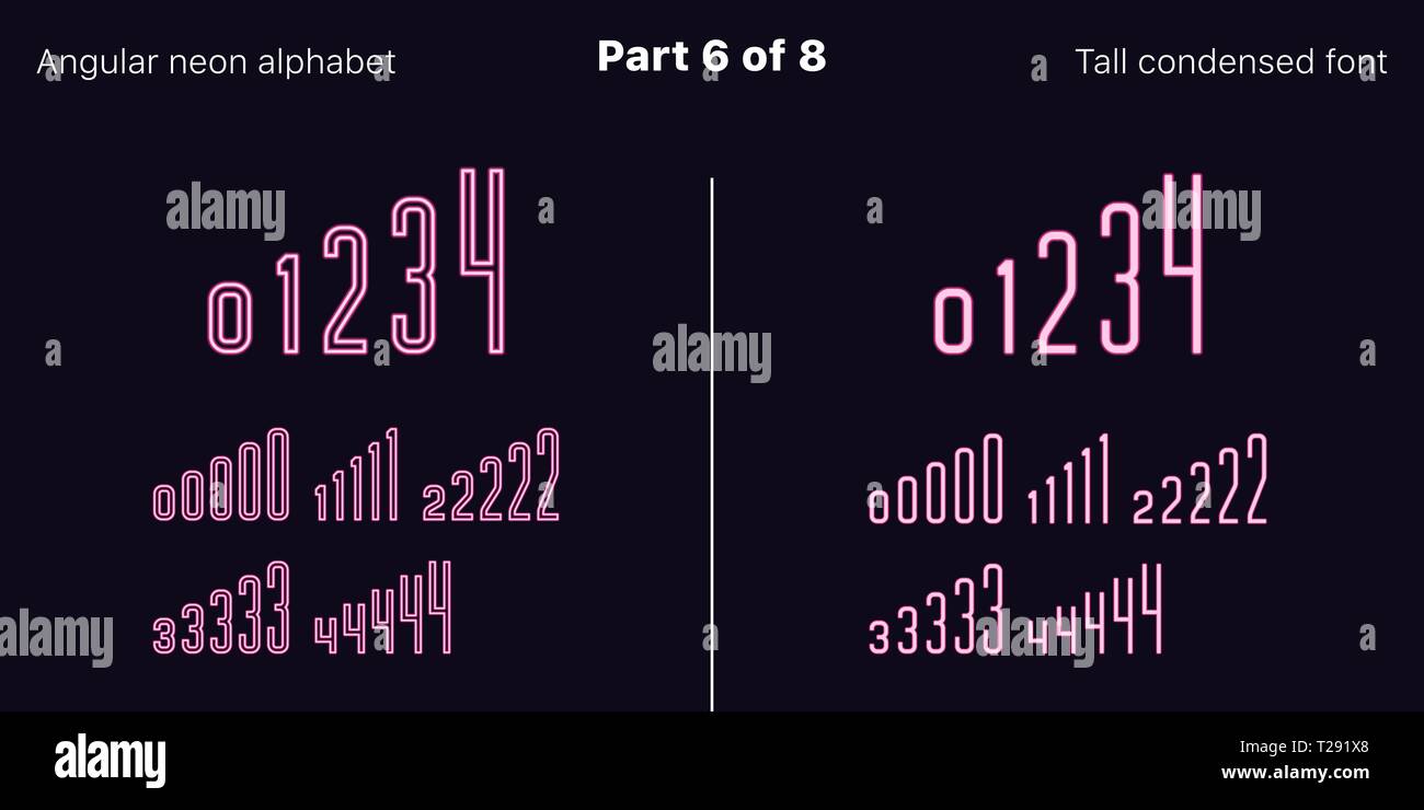 Néon rose condensée font, anguleux. Polices vectorielles décrites et rempli de styles, partie 6 de 8. Alphabet majuscule au néon avec des lettres, numbe Illustration de Vecteur