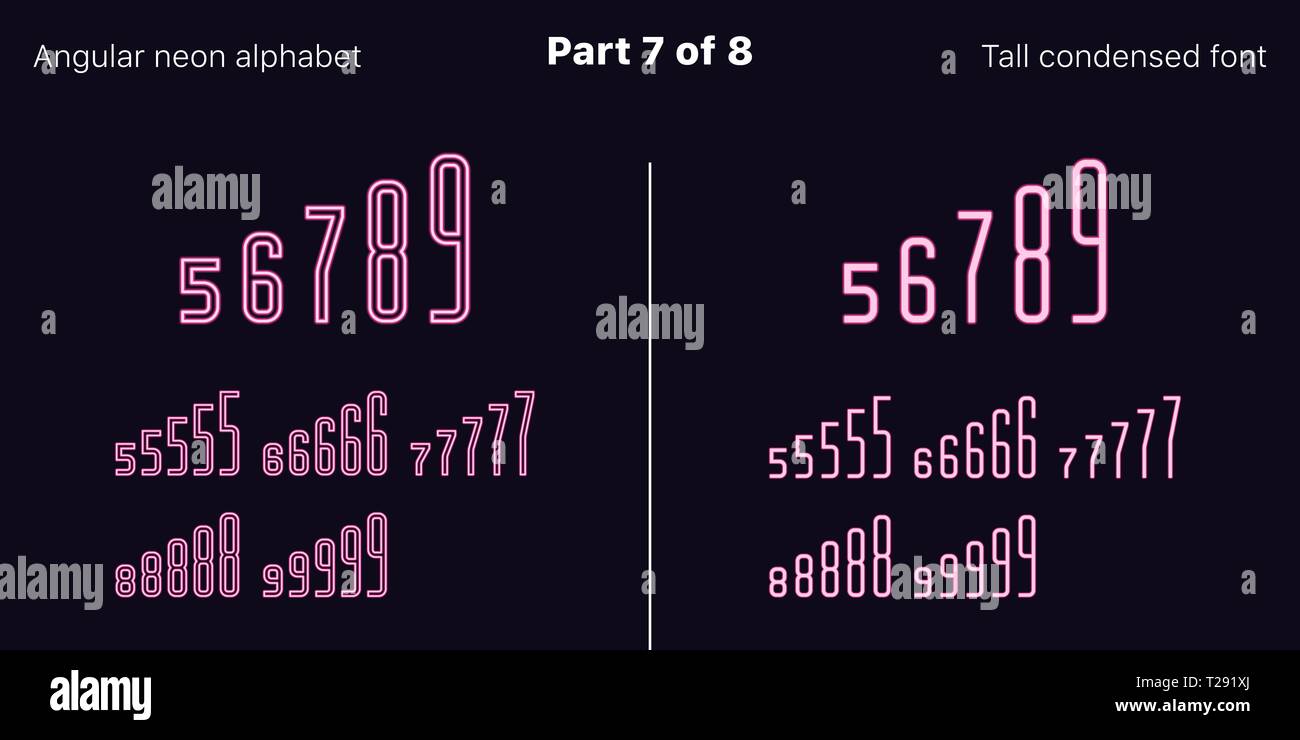 Néon rose condensée font, anguleux. Polices vectorielles décrites et rempli de styles, partie 7 de 8. Alphabet majuscule au néon avec des lettres, numbe Illustration de Vecteur