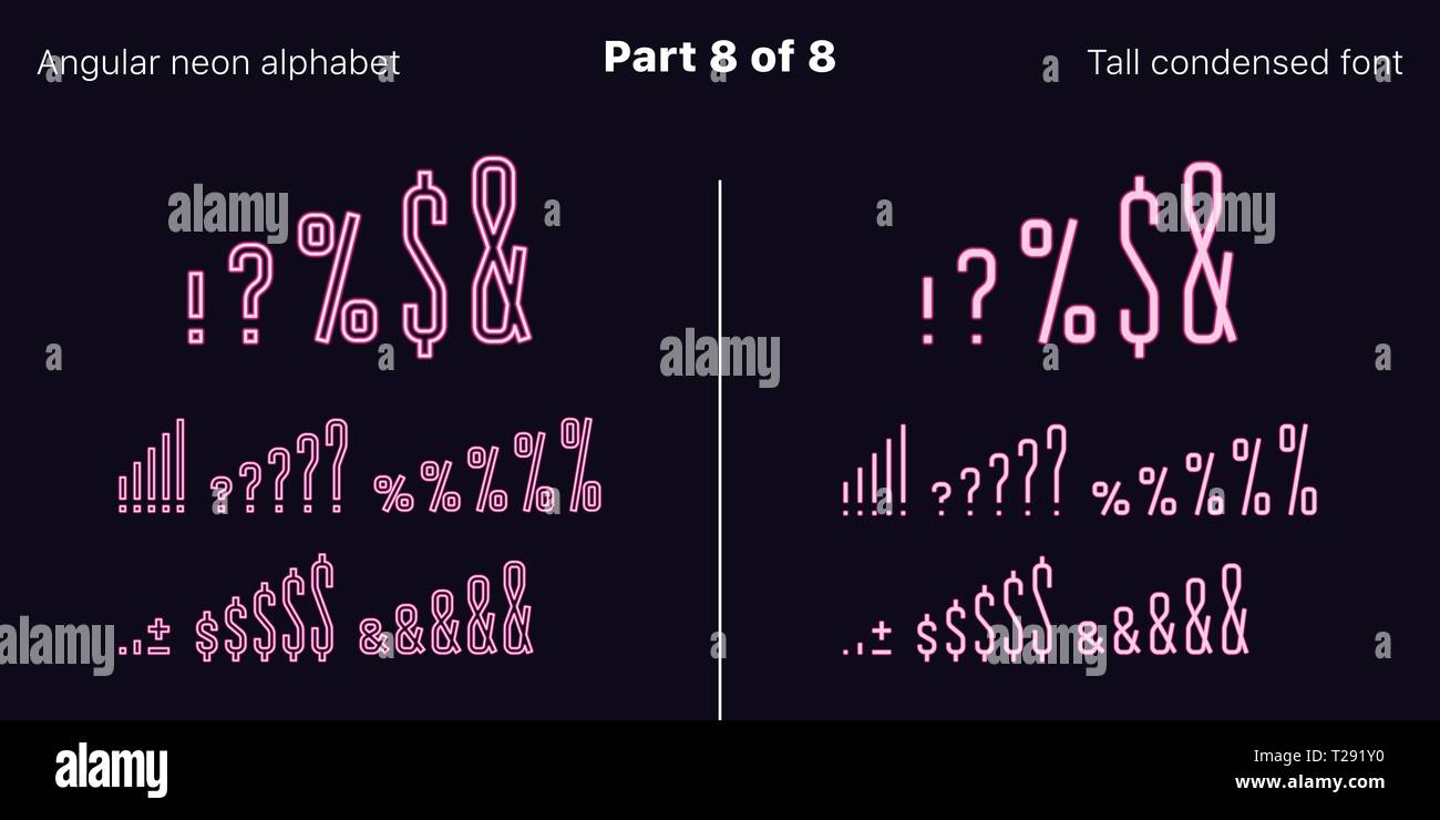 Néon rose condensée font, anguleux. Polices vectorielles décrites et rempli de styles, de la partie 8 de 8. Alphabet majuscule au néon avec des lettres, numbe Illustration de Vecteur