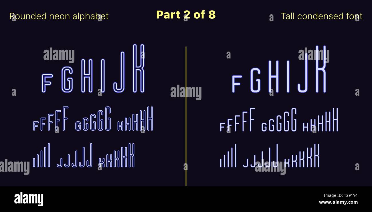 Néon bleu condensée font, arrondies. Polices vectorielles décrites et rempli de styles, partie 2 de 8. Alphabet majuscule au néon avec des lettres, numbe Illustration de Vecteur