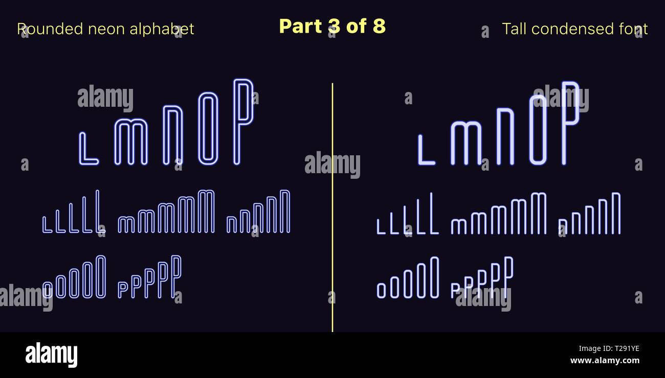 Néon bleu condensée font, arrondies. Polices vectorielles décrites et rempli de styles, partie 3 de 8. Alphabet majuscule au néon avec des lettres, numbe Illustration de Vecteur
