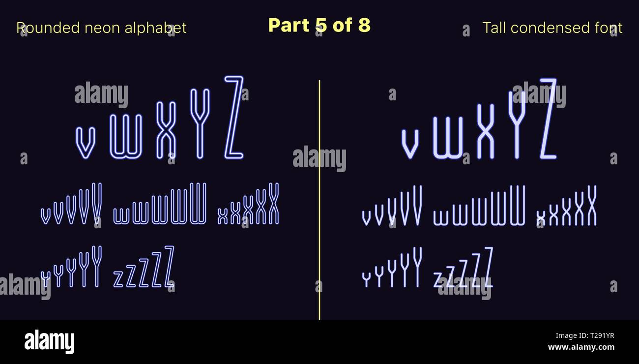 Néon bleu condensée font, arrondies. Polices vectorielles décrites et rempli de styles, partie 5 de 8. Alphabet majuscule au néon avec des lettres, numbe Illustration de Vecteur