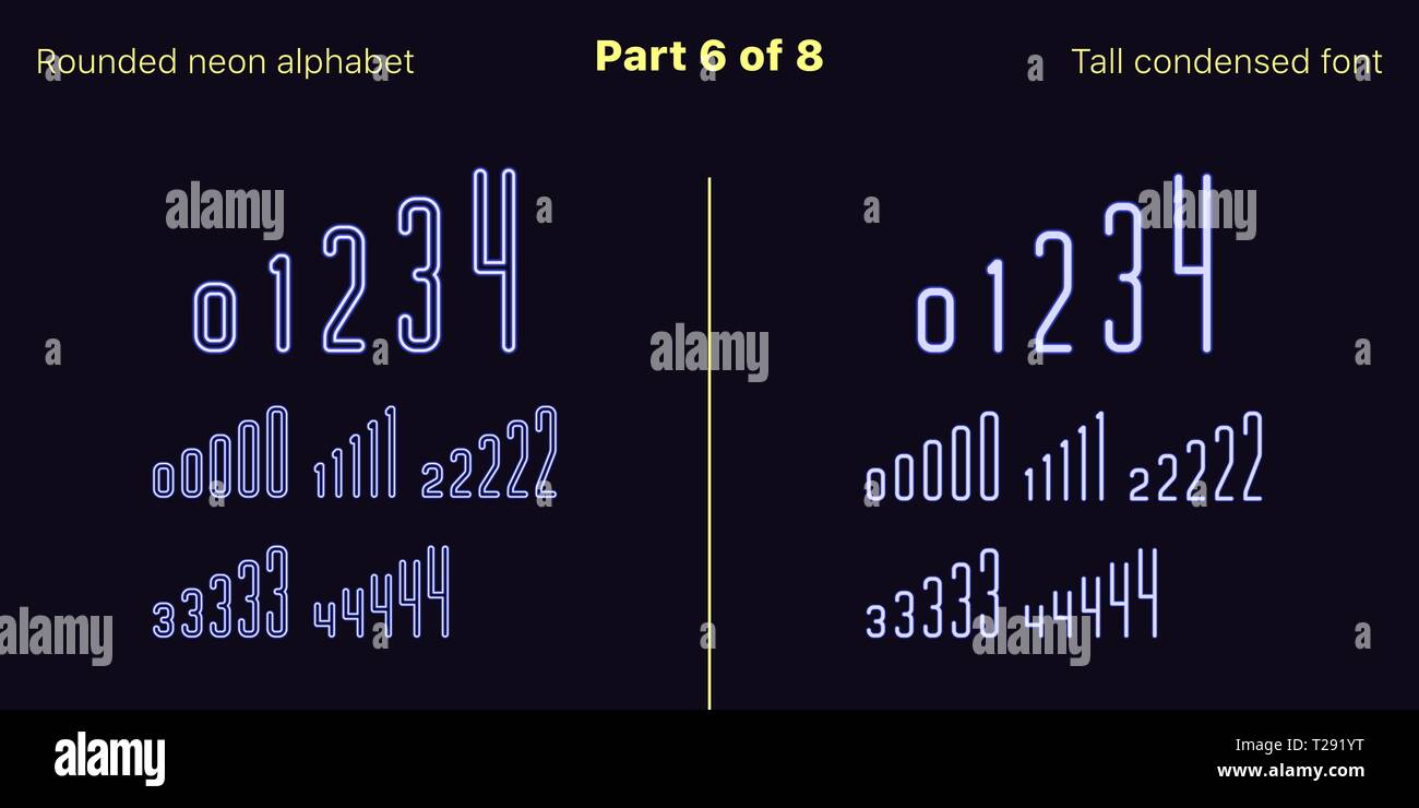Néon bleu condensée font, arrondies. Polices vectorielles décrites et rempli de styles, partie 6 de 8. Alphabet majuscule au néon avec des lettres, numbe Illustration de Vecteur
