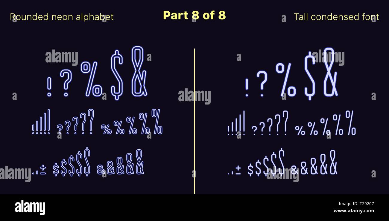 Néon bleu condensée font, arrondies. Polices vectorielles décrites et rempli de styles, de la partie 8 de 8. Alphabet majuscule au néon avec des lettres, numbe Illustration de Vecteur