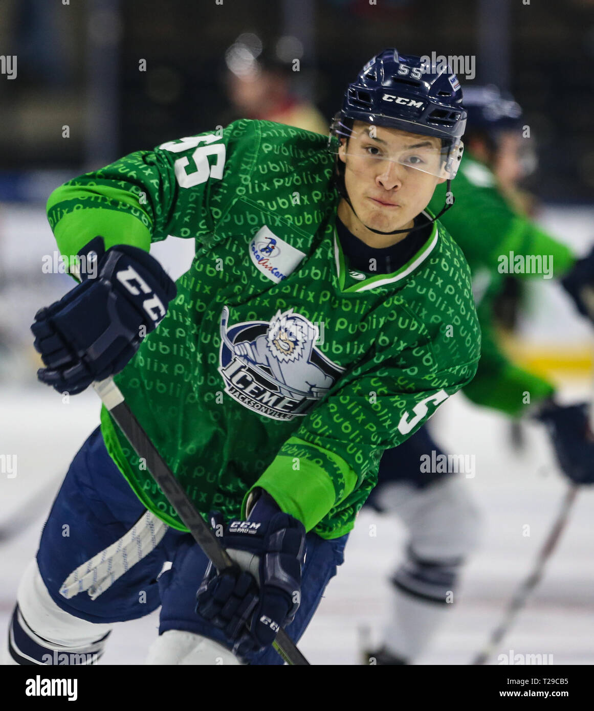 Jacksonville joueur Icemen Justin Woods (55) pendant l'échauffement avant un match de hockey professionnel ECHL contre l'Atlanta Gladiators au Veterans Memorial Arena à Jacksonville, en Floride, le Samedi, Mars 30, 2019. (Gary Lloyd McCullough/Cal Pour les médias sportifs) Banque D'Images