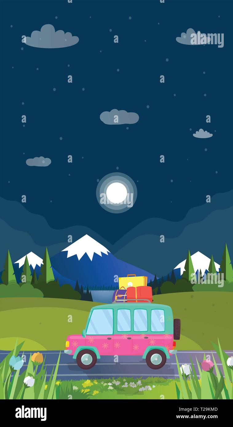 Voiture à hayon avec une assurance sur le toit roulant par route sur Nighty fond paysage avec Montagnes, Lac et des sapins à l'heure d'été. Voyager en famille. Illustration de Vecteur