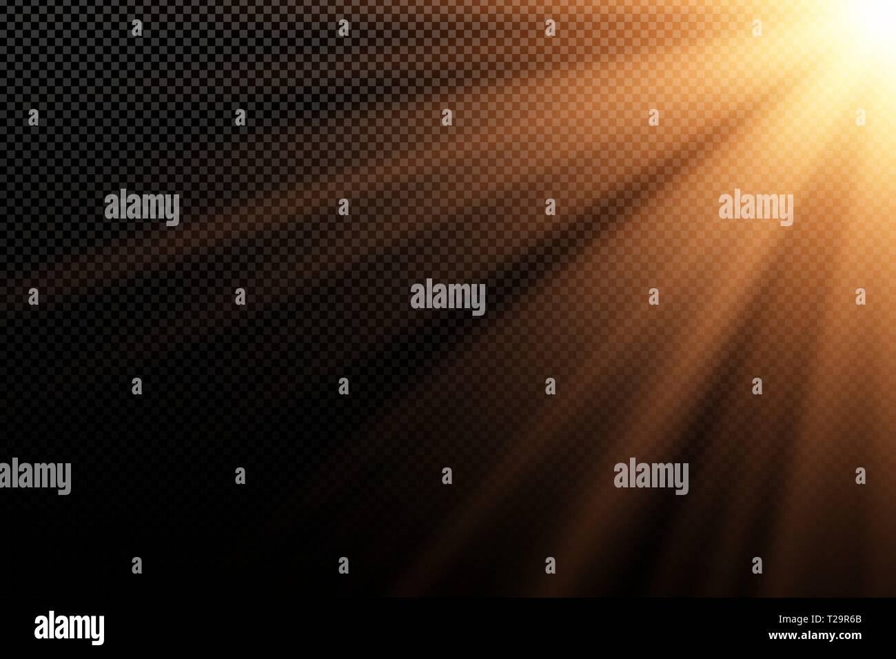 Or élégant effet lumière sur transparent fond sombre. Rayons d'or. La lumière dans l'obscurité. Explosion lumineuse. La lumière du soleil. Lumière abstraite. Vector illustrat Illustration de Vecteur