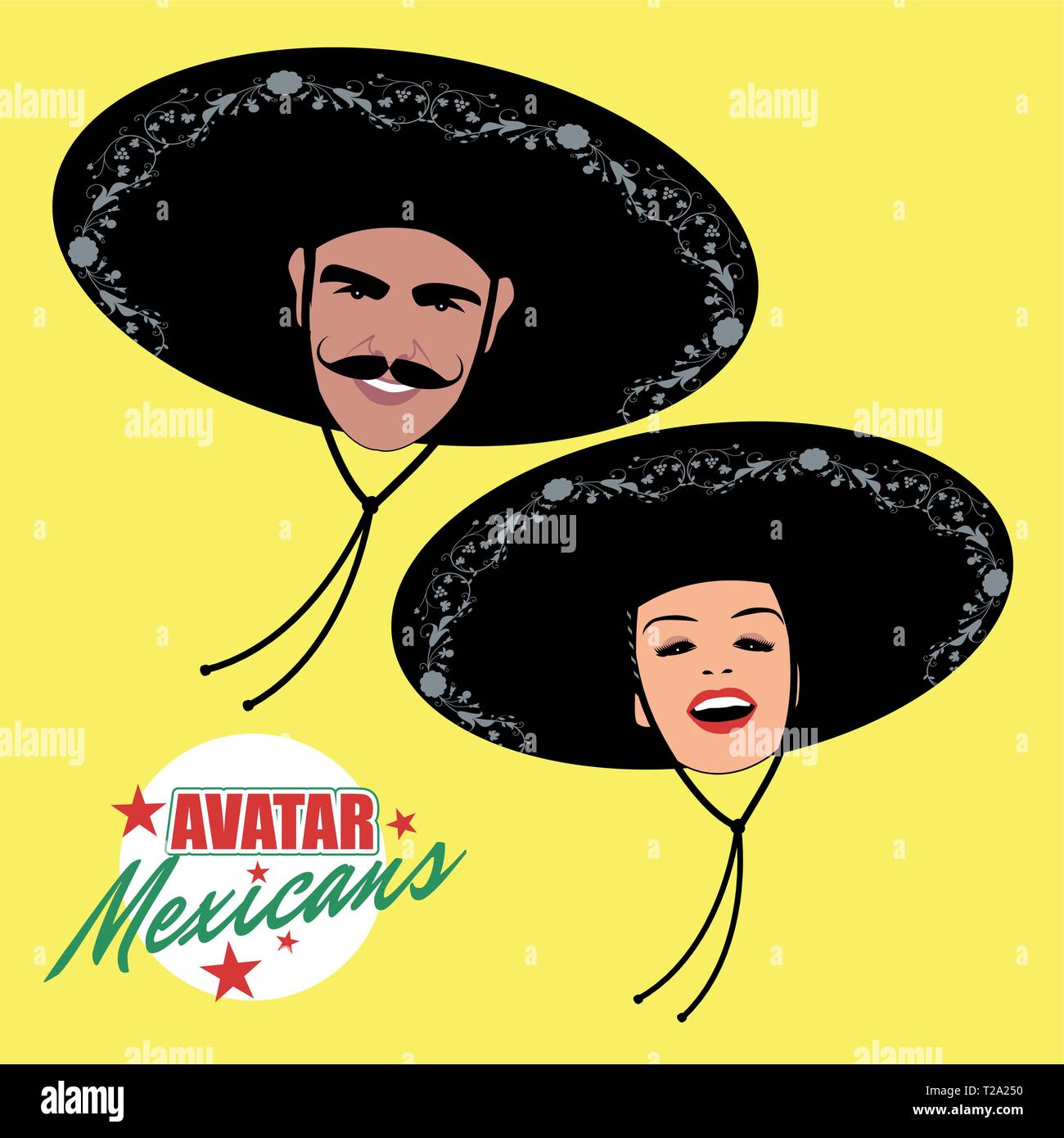 Les avatars de l'Homme avec moustache et Pretty woman wearing Mexican Hat. Style rétro. Illustration de Vecteur