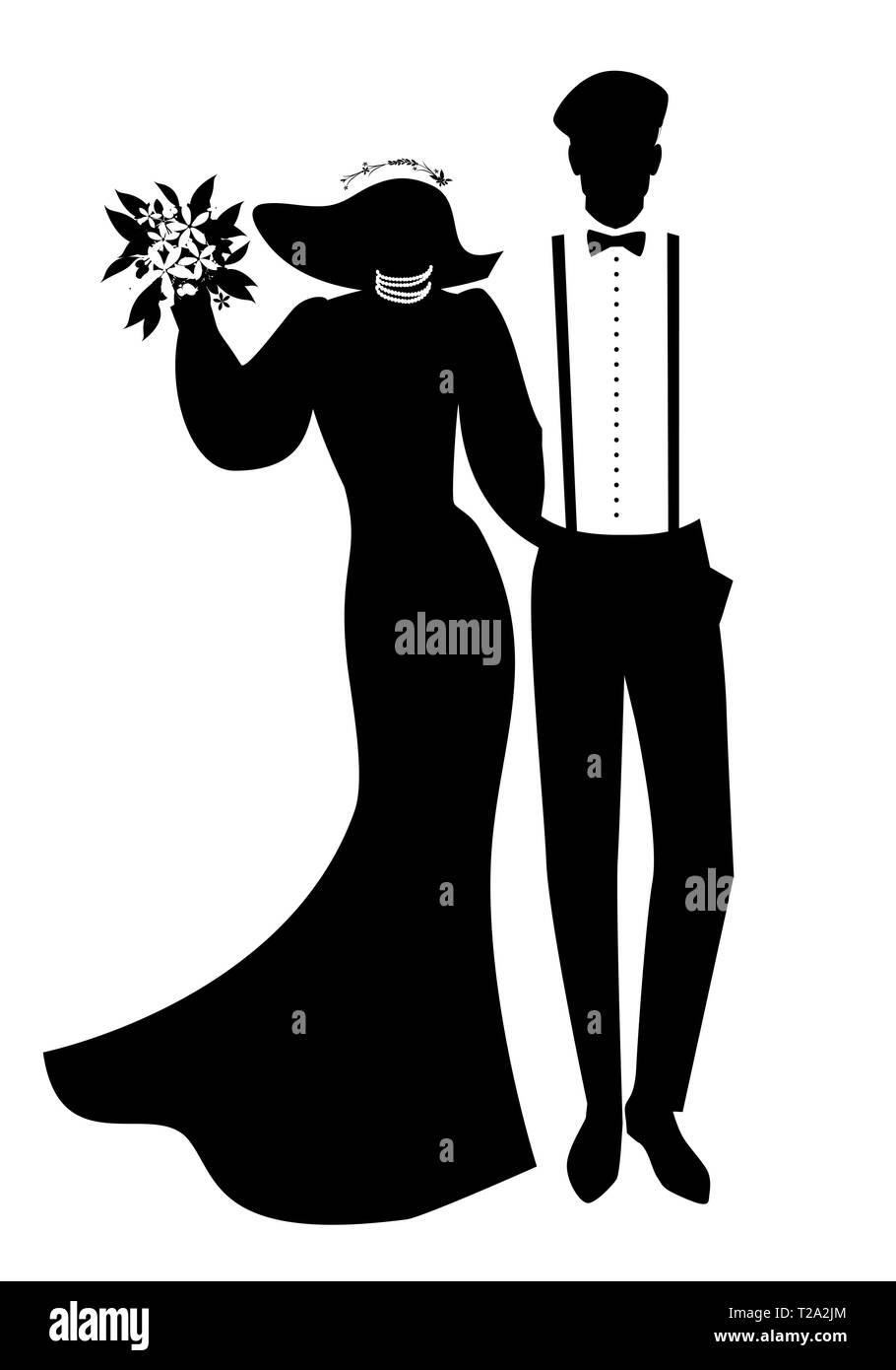 Silhouettes de jeunes mariés couple portant des vêtements de mariage. Chapeau à large bord pour elle et beret, bretelles et chapeau pour lui. Illustration de Vecteur