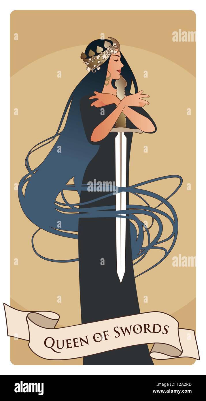 La reine de fer avec pique, de la Couronne tenant une épée entouré par ses longs cheveux. Arcanes Mineurs Tarot. Jeu de cartes espagnol. Illustration de Vecteur