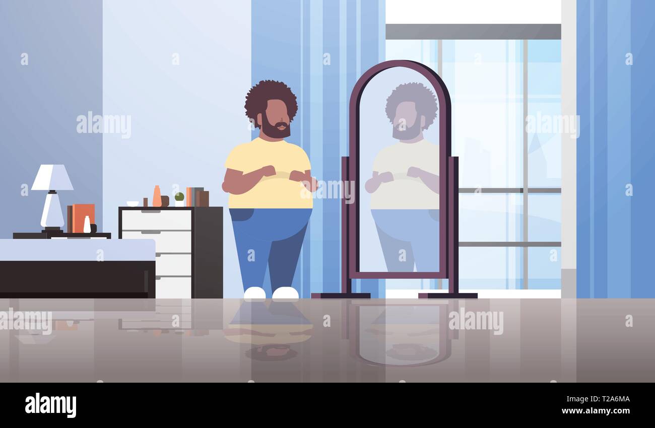L'excès de l'homme triste en se regardant dans le miroir de réflexion guy afro-américain sur l'obésité taille moderne concept d'intérieur chambre à coucher appartement pleine Illustration de Vecteur