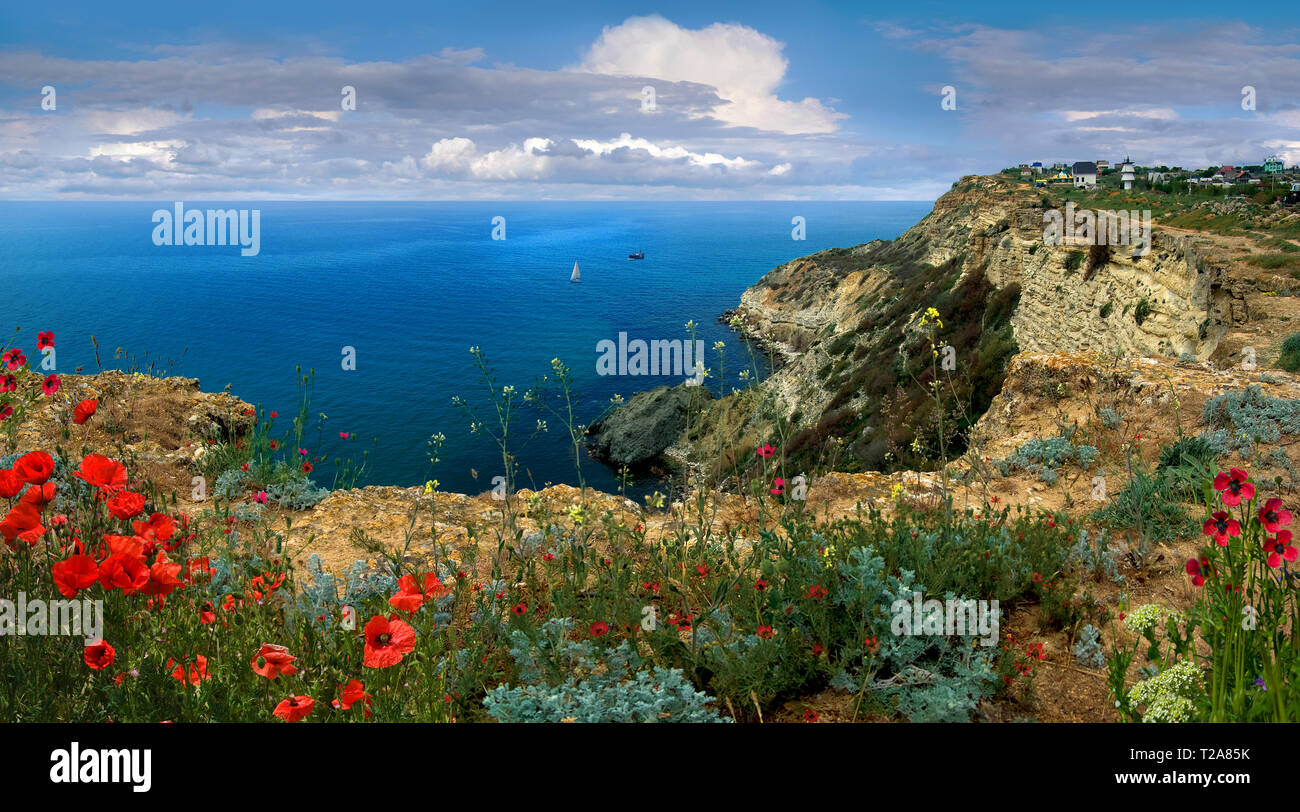 Panorama d'un paysage de la côte sud de la mer Noire sur la péninsule de Crimée. L'Europe. Crimée. format horizontal. Banque D'Images