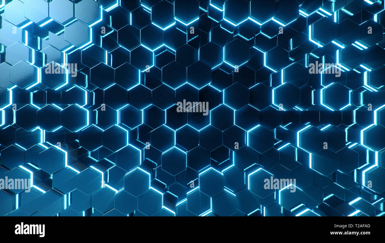 Abstract Blue de surface modèle hexagonal futuriste avec les rayons lumineux. Résumé fond hexagonal géométrique bleu, 3D illustration Banque D'Images