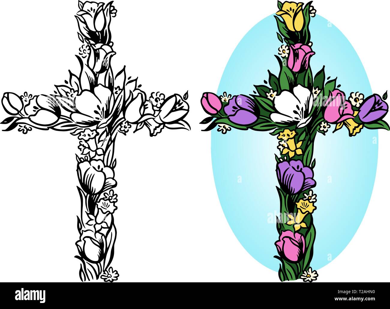Un crucifix chrétien fait de fleurs de printemps. Illustration de Vecteur
