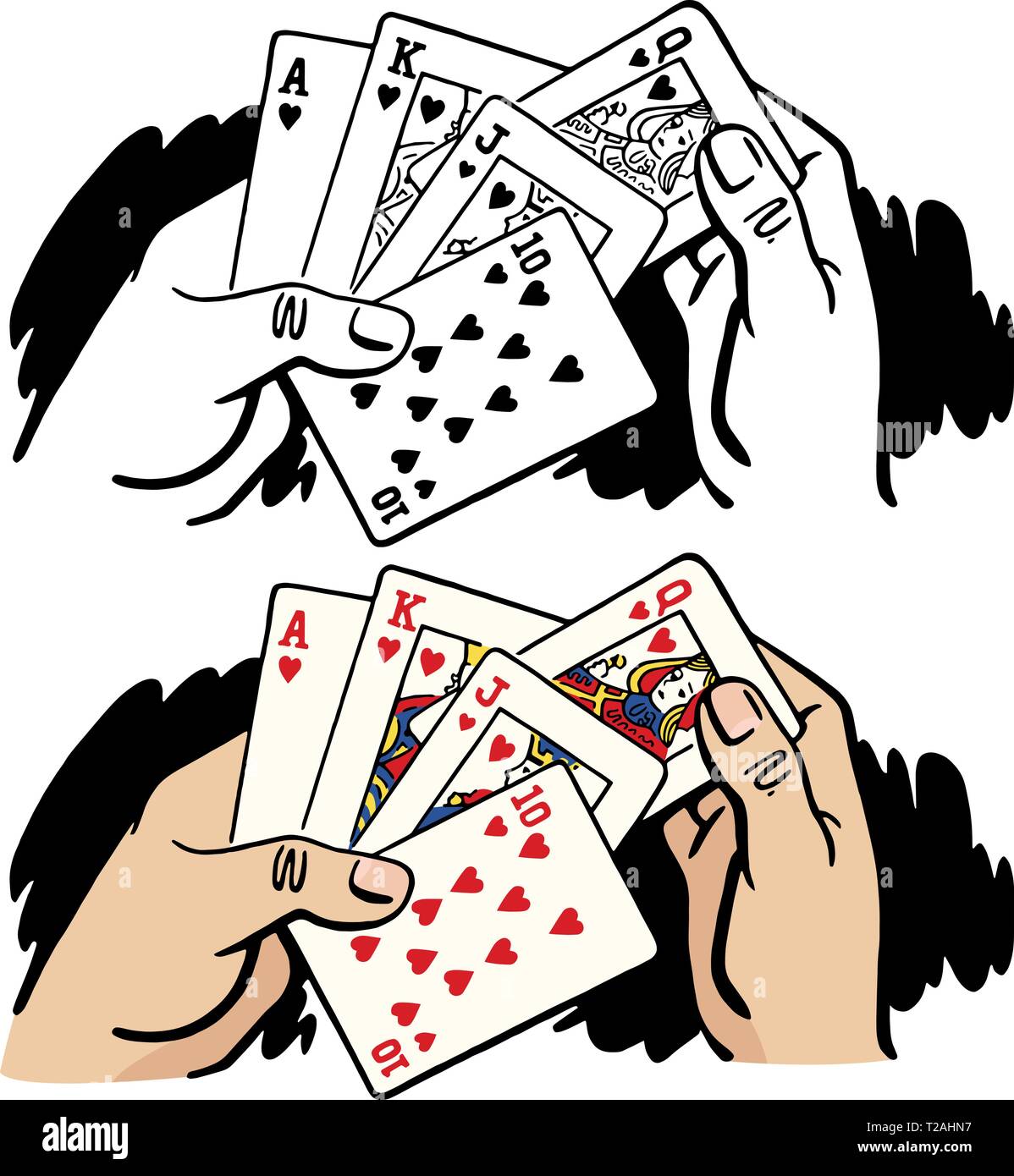 Une paire de mains tenant un Royal Flush gagnante main de poker. Illustration de Vecteur