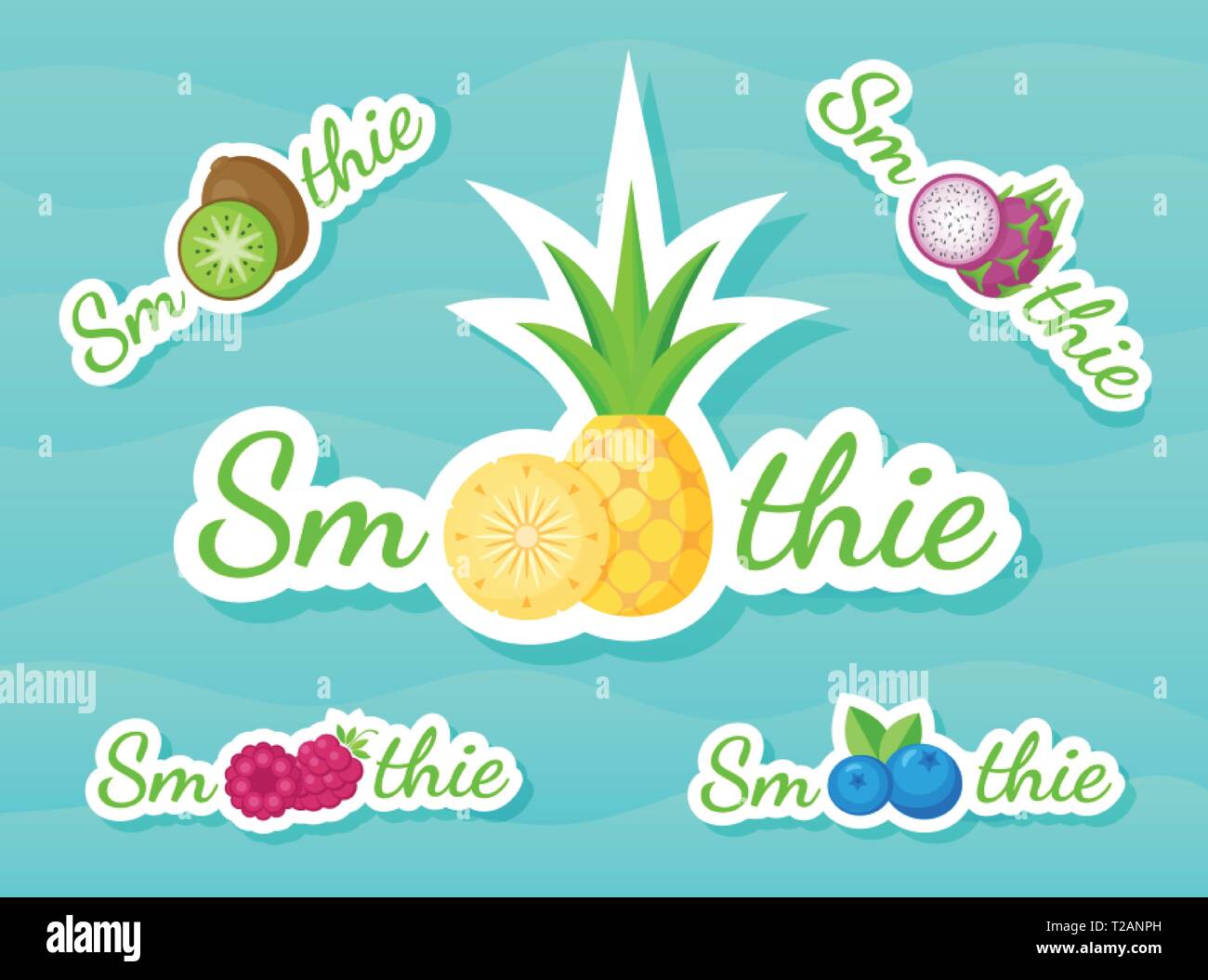 Autocollant vert fruit smoothie shake set logo vector illustration. Inscrivez-vous sur fond bleu sur Smoothie smoothies coloré verre cocktail autocollant pour la promotion de l'art ou magasin boutique décoration design, Illustration de Vecteur