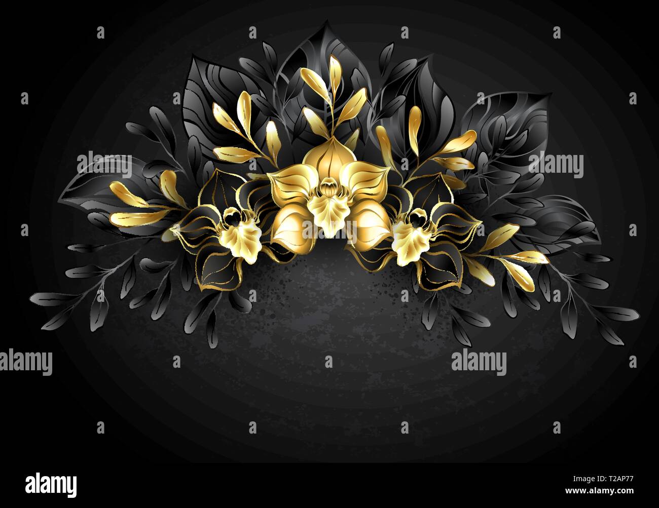 Gerbe d'orchidées bijoux d'or et de feuilles sombres. Black Orchid. Illustration de Vecteur