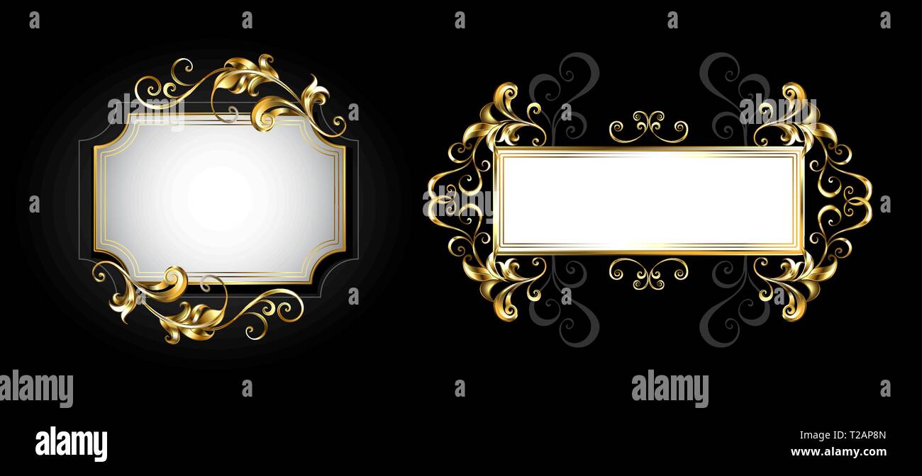 Deux petites bannières antiques avec de l'or, bijoux, cuir à motifs sur fond noir. Illustration de Vecteur