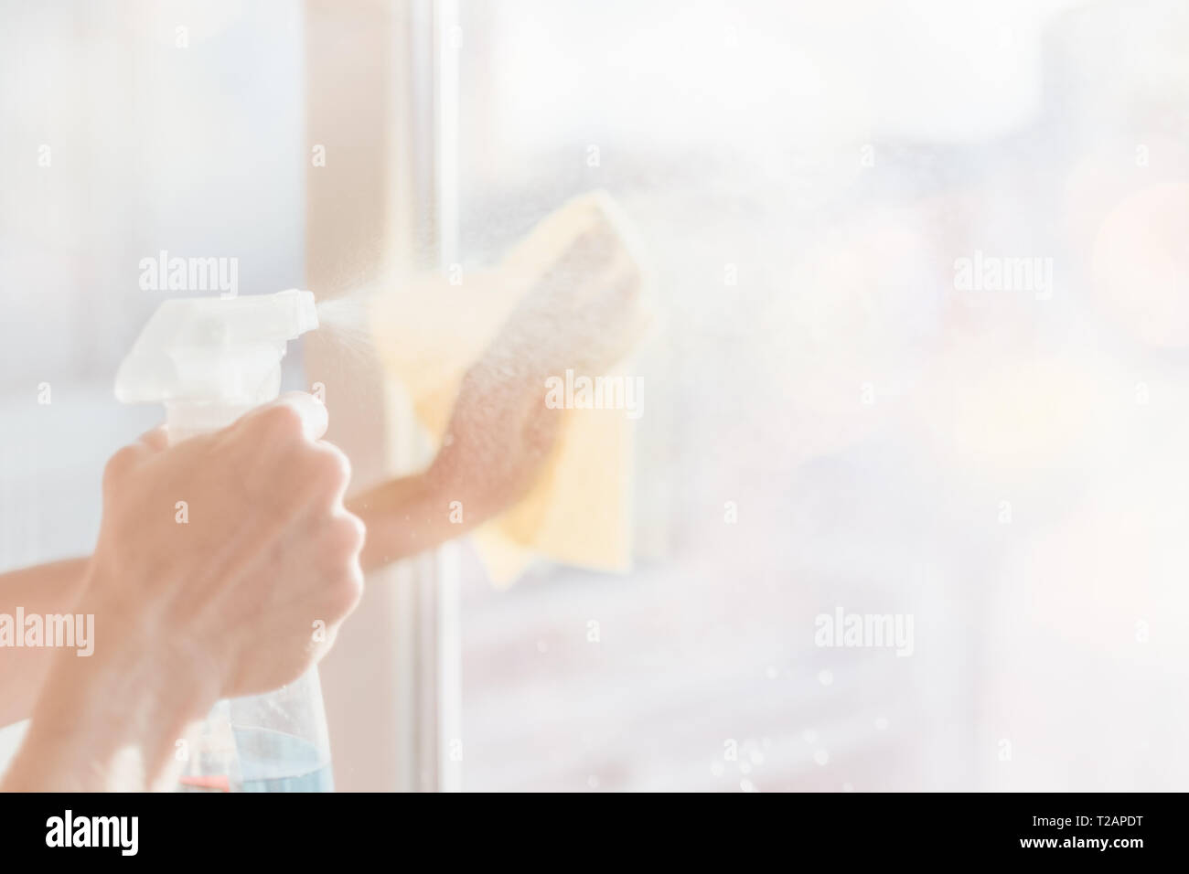 Image floue des mains avec nappes fenêtre de nettoyage. Lave-mains femme le verre sur les fenêtres à la maison avec spray. Ménage concept. Banque D'Images