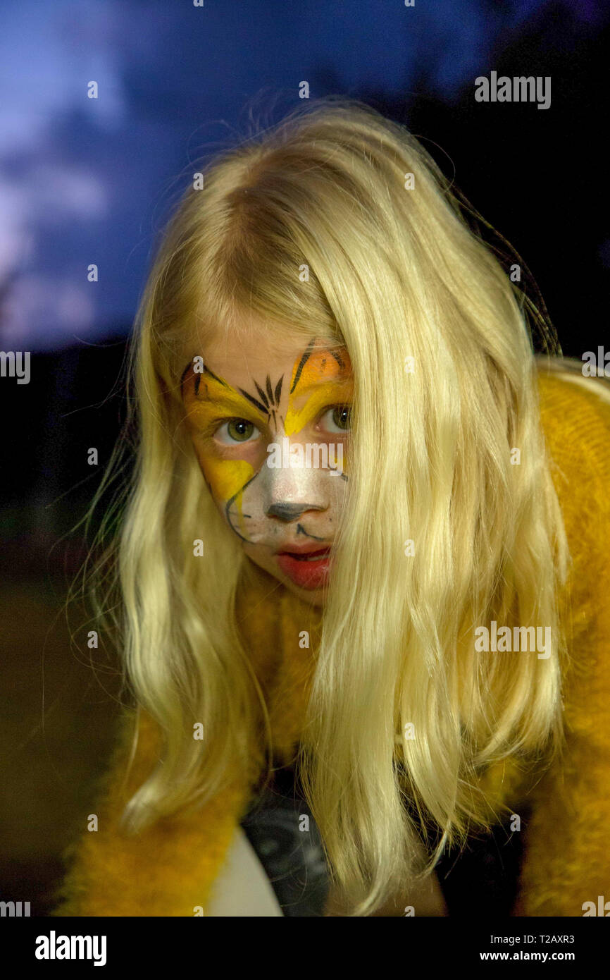 Jeune fille avec tiger masque maquillage se prépare pour Pourim publié modèle. Banque D'Images