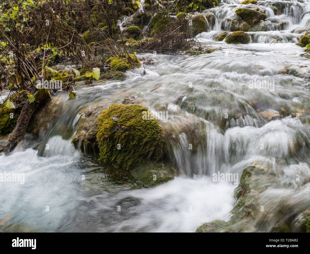 Stream dans la nature park Plitvice Lakes close up Banque D'Images
