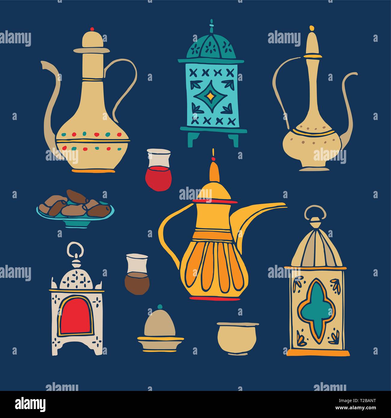 Ensemble de dîner iftar dessinés à la main, des icônes. L'arabe théière, tasse de café, plaque avec fruitiers et ornementaux date de lanternes de musulmans Ramadan Kareem Illustration de Vecteur