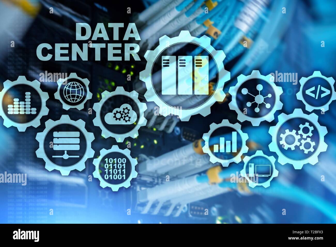 Centre de données de l'avenir sur un écran virtuel. La technologie de l'information business concept. Le stockage des données et d'assurer la continuité de l'activité Banque D'Images