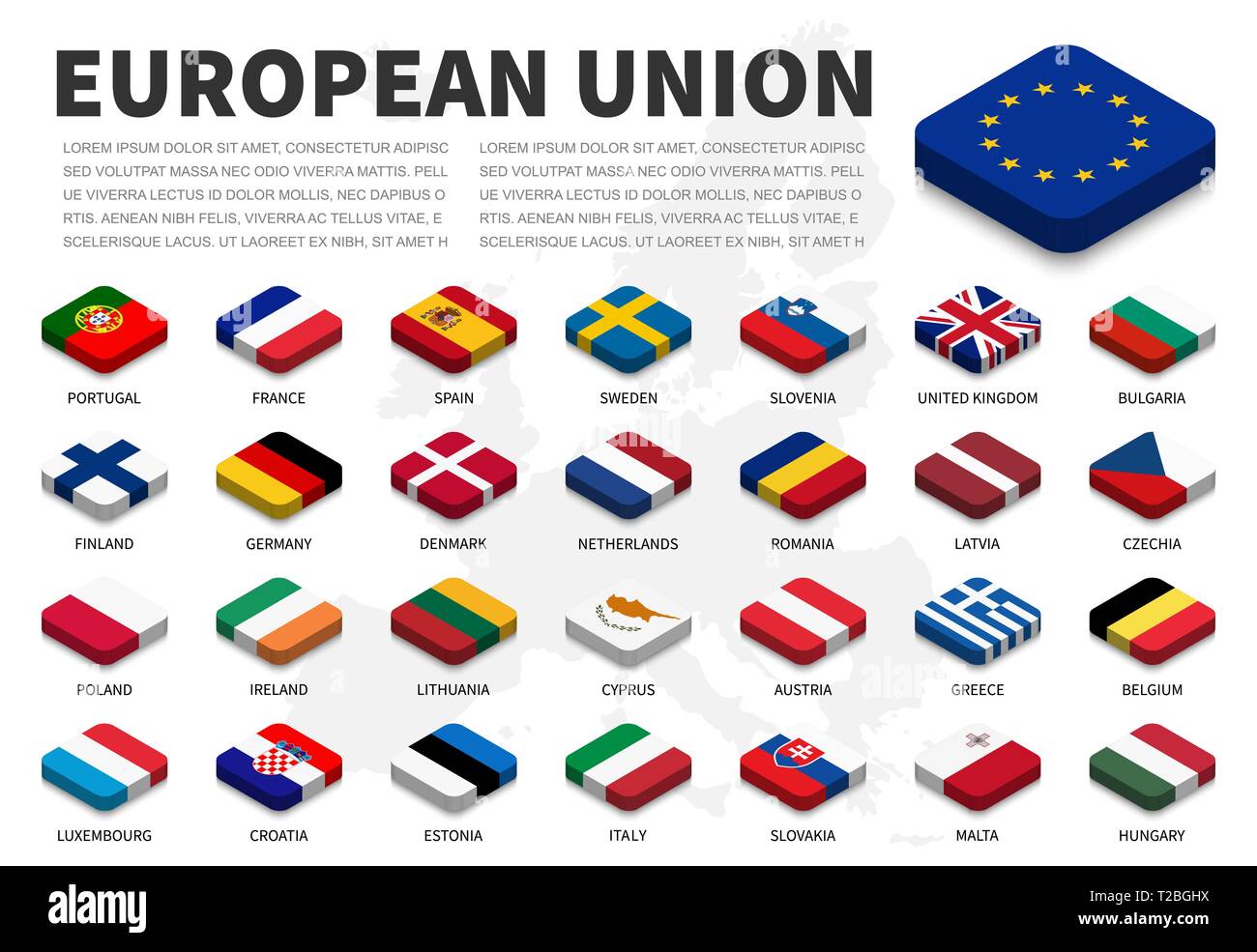L'Union européenne ( UE ) et de l'appartenance du drapeau sur fond de carte de l'europe . Haut de conception isométrique . Vector . Illustration de Vecteur