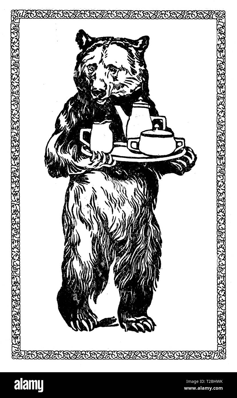 Cadre Art déco avec grizzli qui sert du café, de la publicité début '900 Banque D'Images