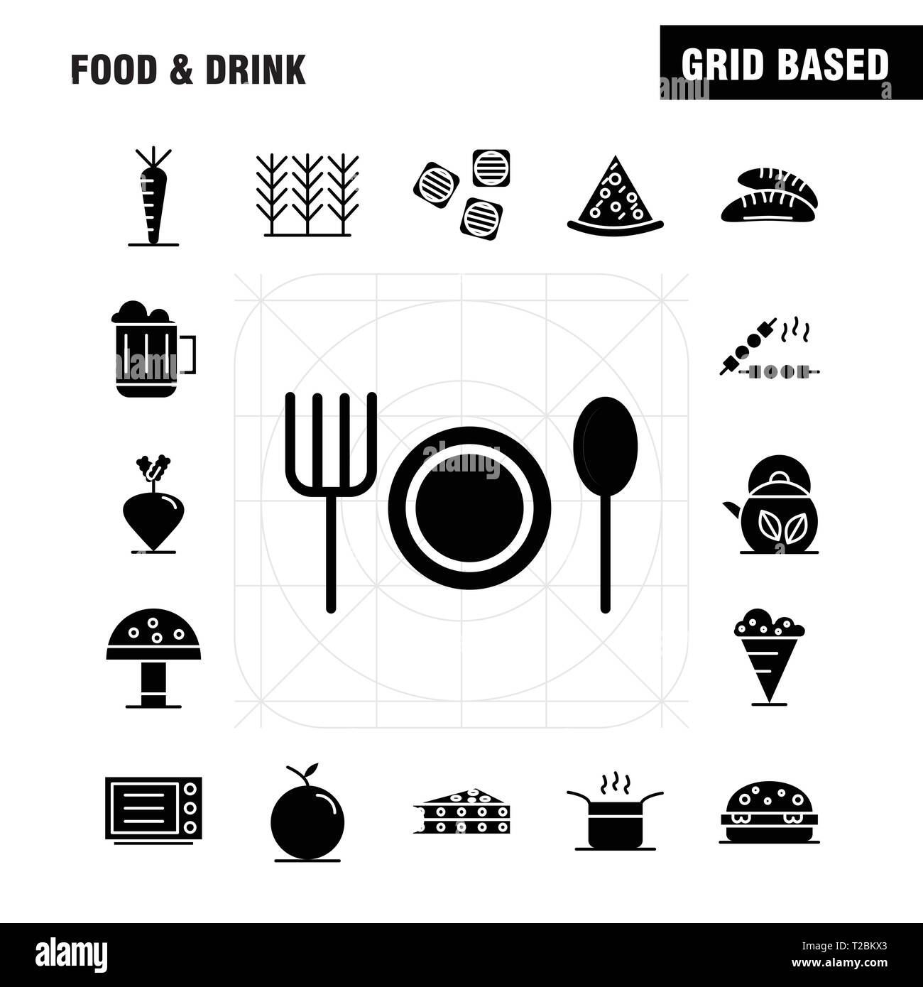 Nourriture et boisson glyphe solide Icons Set pour l'infographie, Mobile UX/UI Kit et Print Design. Comprendre : l'alimentation, restaurant, dîner, Céréales, blé, nourriture, Installations pour Barbecue, Illustration de Vecteur