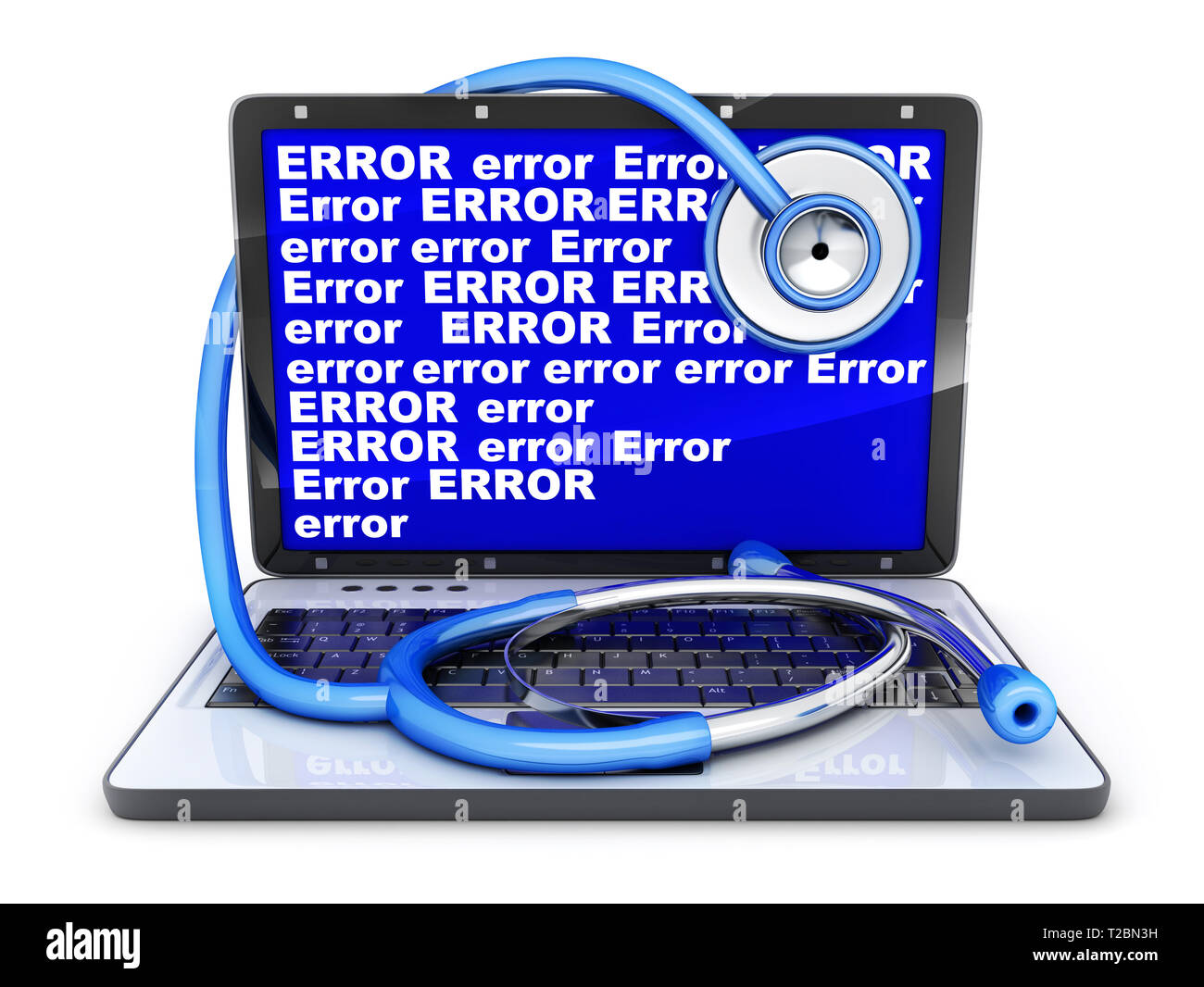 Ordinateur portable écran bleu d'erreur et stéthoscope. 3d illustration Banque D'Images