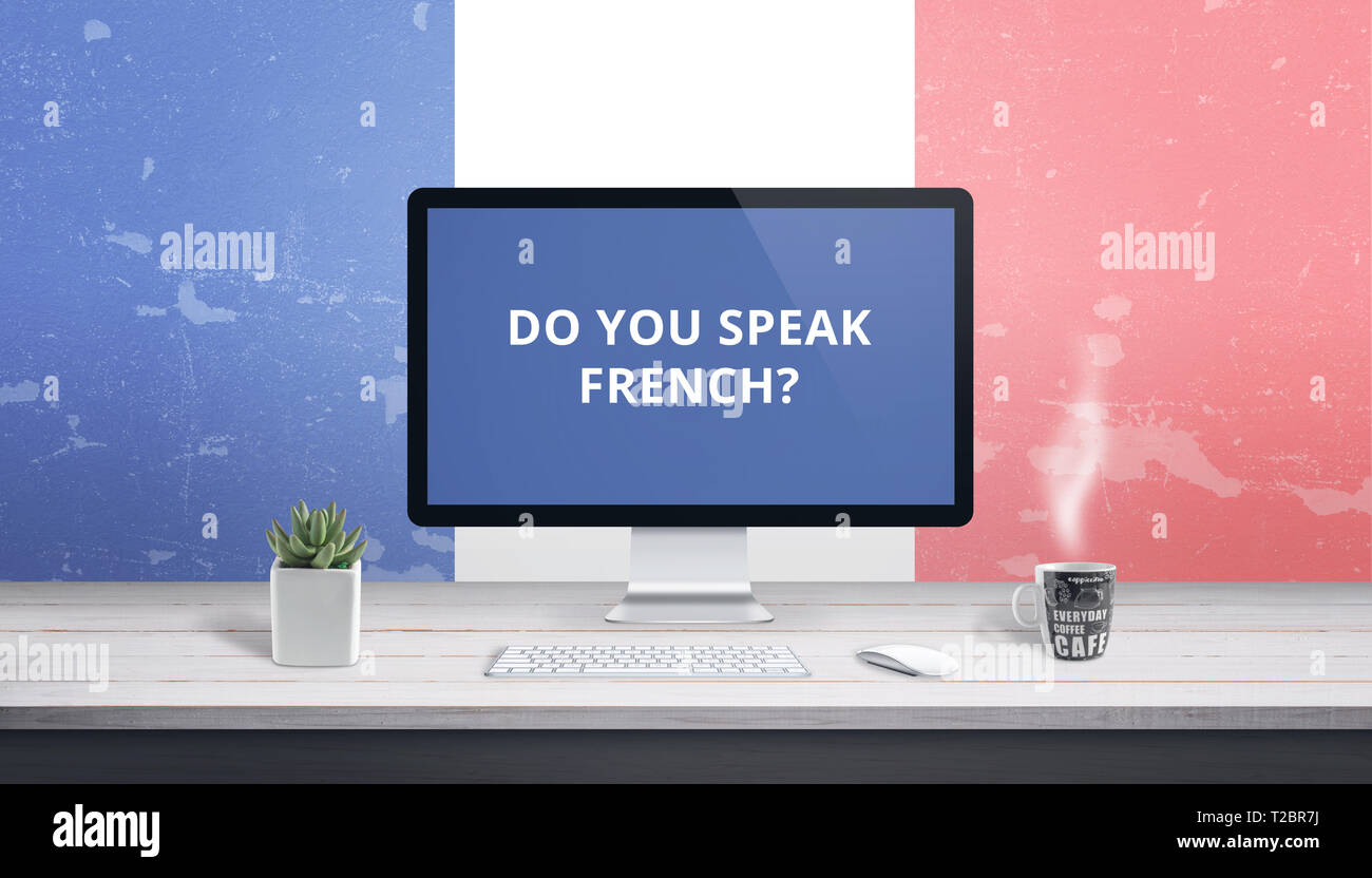 Cours de français en ligne. Langue d'enseignement en ligne avec concept texte parlez-vous le français sur l'écran de l'ordinateur. Banque D'Images