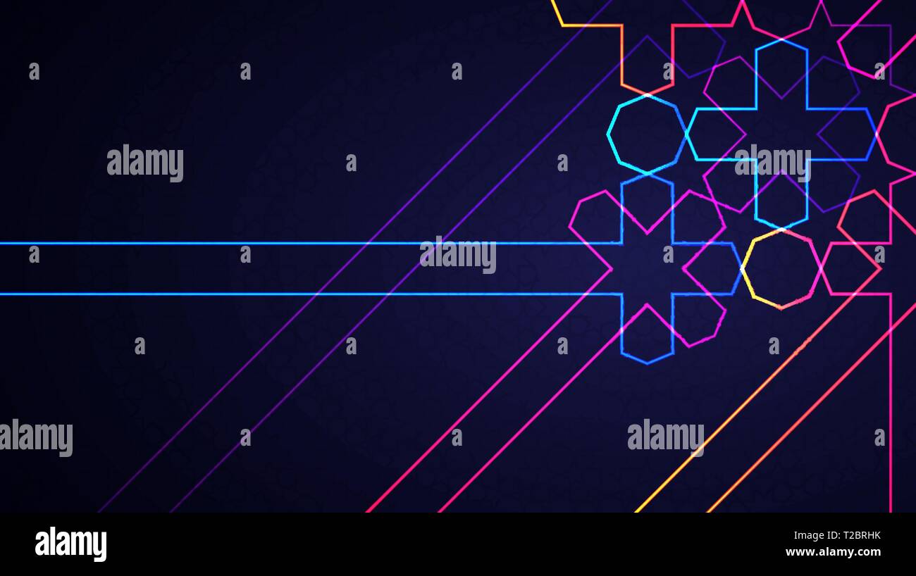 Eid Mubarak, affiche ou bannière conception de cartes de vœux. Illustration Vecteur de résumé fond clair avec néon brillant modèle islamique géométrique Illustration de Vecteur