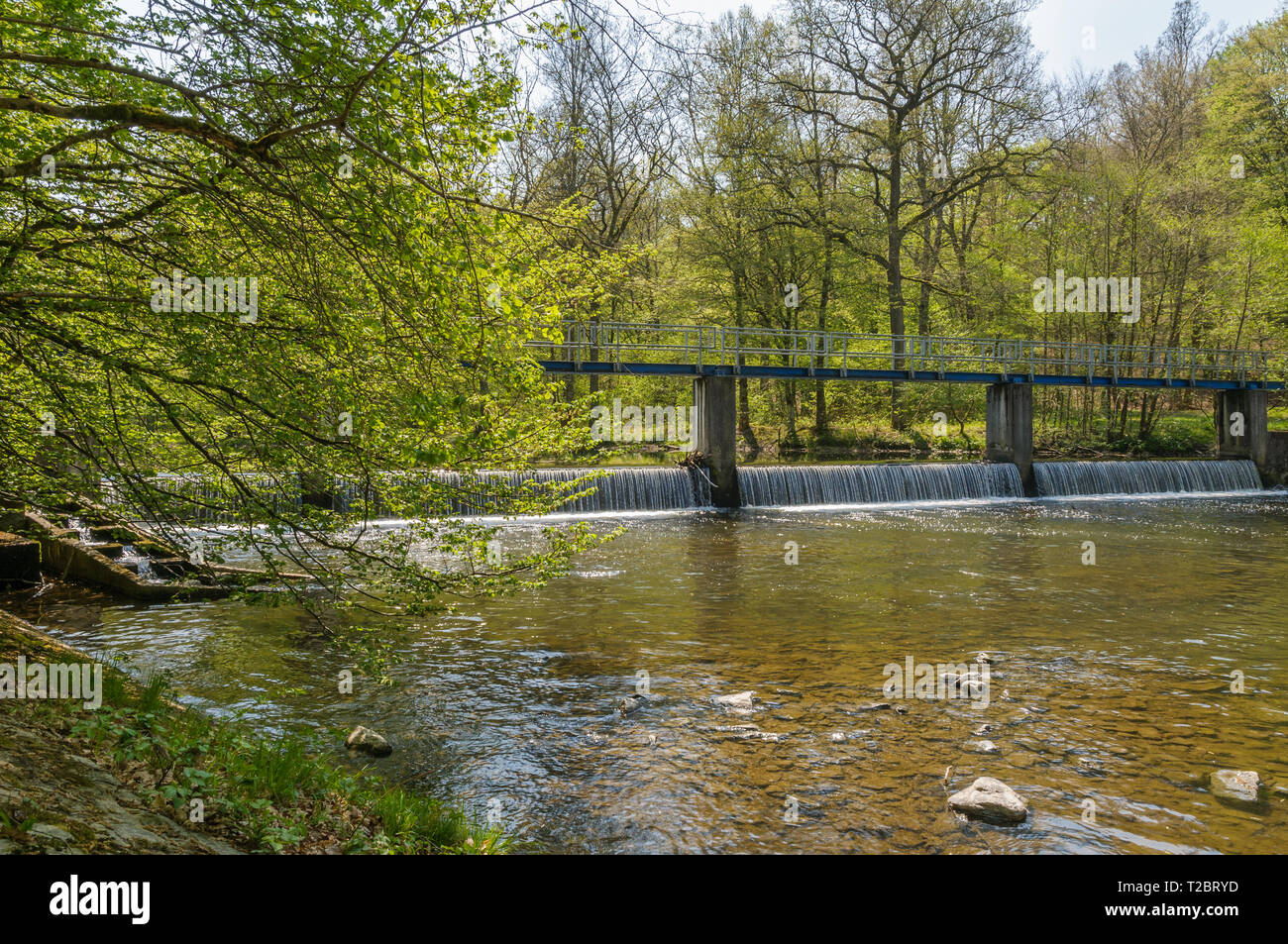 La passerelle ou marcheurs pont sur la partie est de l'Ourthe près de Engreux dans les Ardennes, en Belgique. Banque D'Images