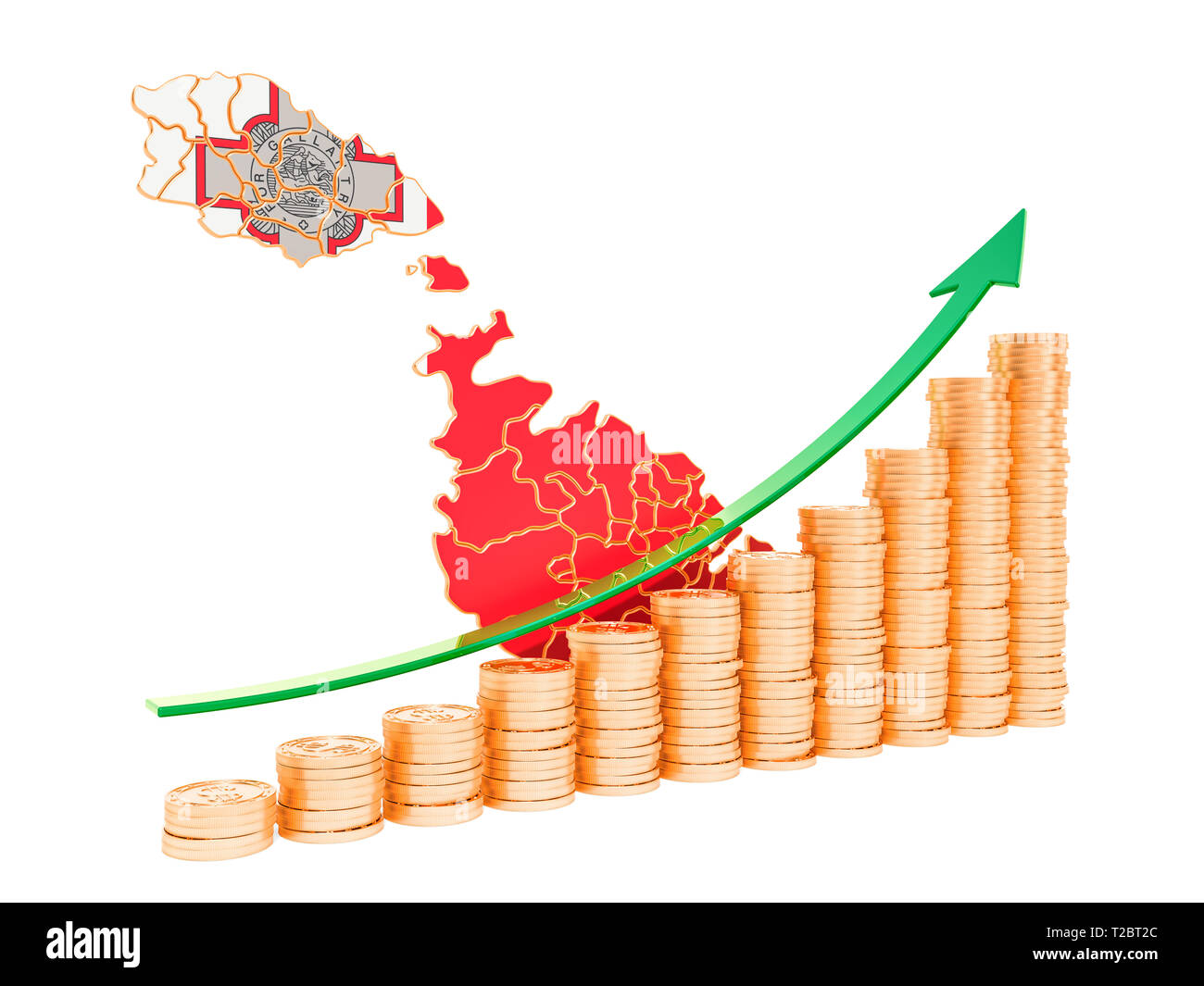 La croissance économique au concept de Malte, rendu 3D isolé sur fond blanc Banque D'Images