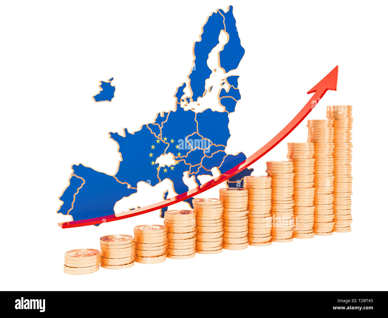 La croissance économique dans le concept de l'Union européenne, rendu 3D isolé sur fond blanc Banque D'Images