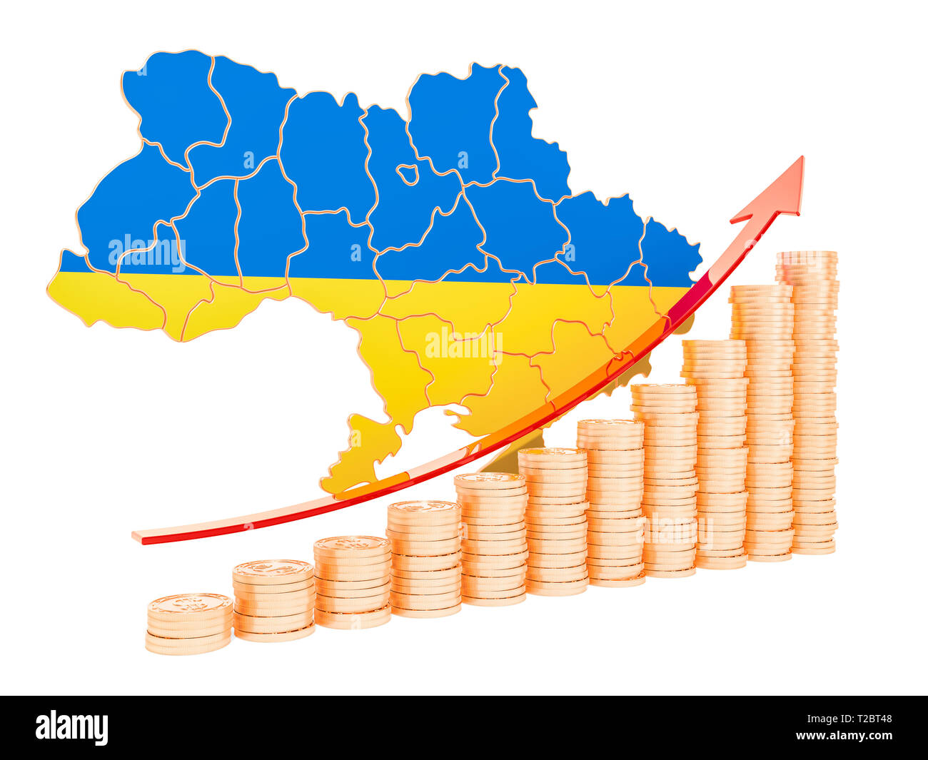 La croissance économique en Ukraine, rendu 3D concept isolé sur fond blanc Banque D'Images