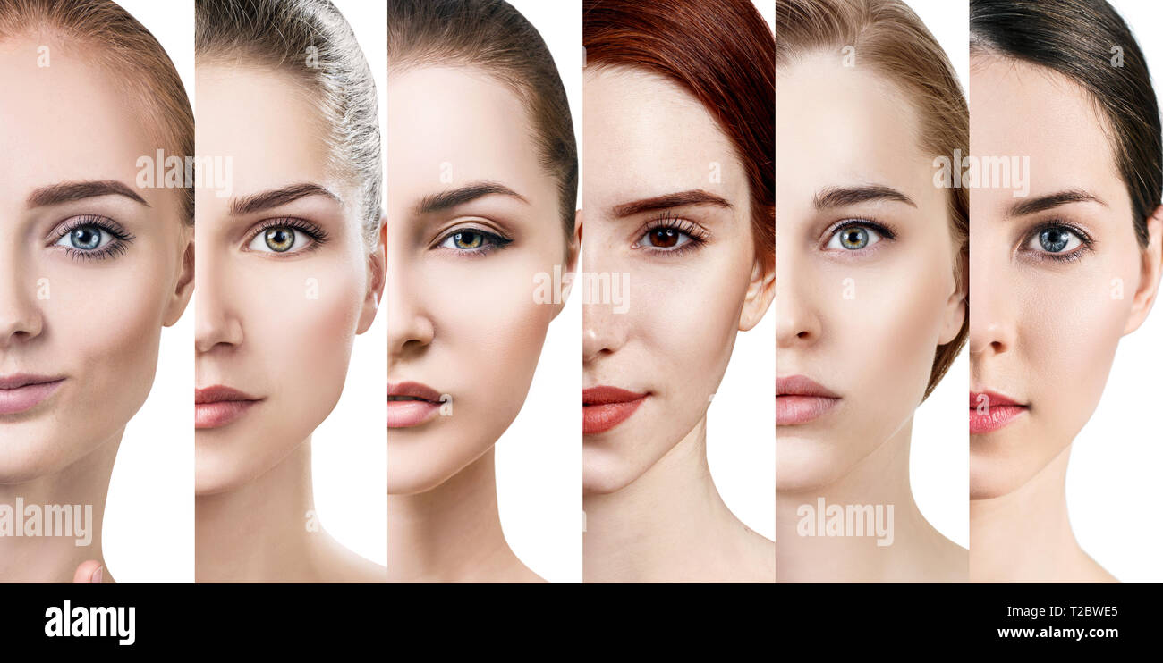 Collage de belles femmes différentes avec une peau parfaite. Plus backgrund blanc. Banque D'Images