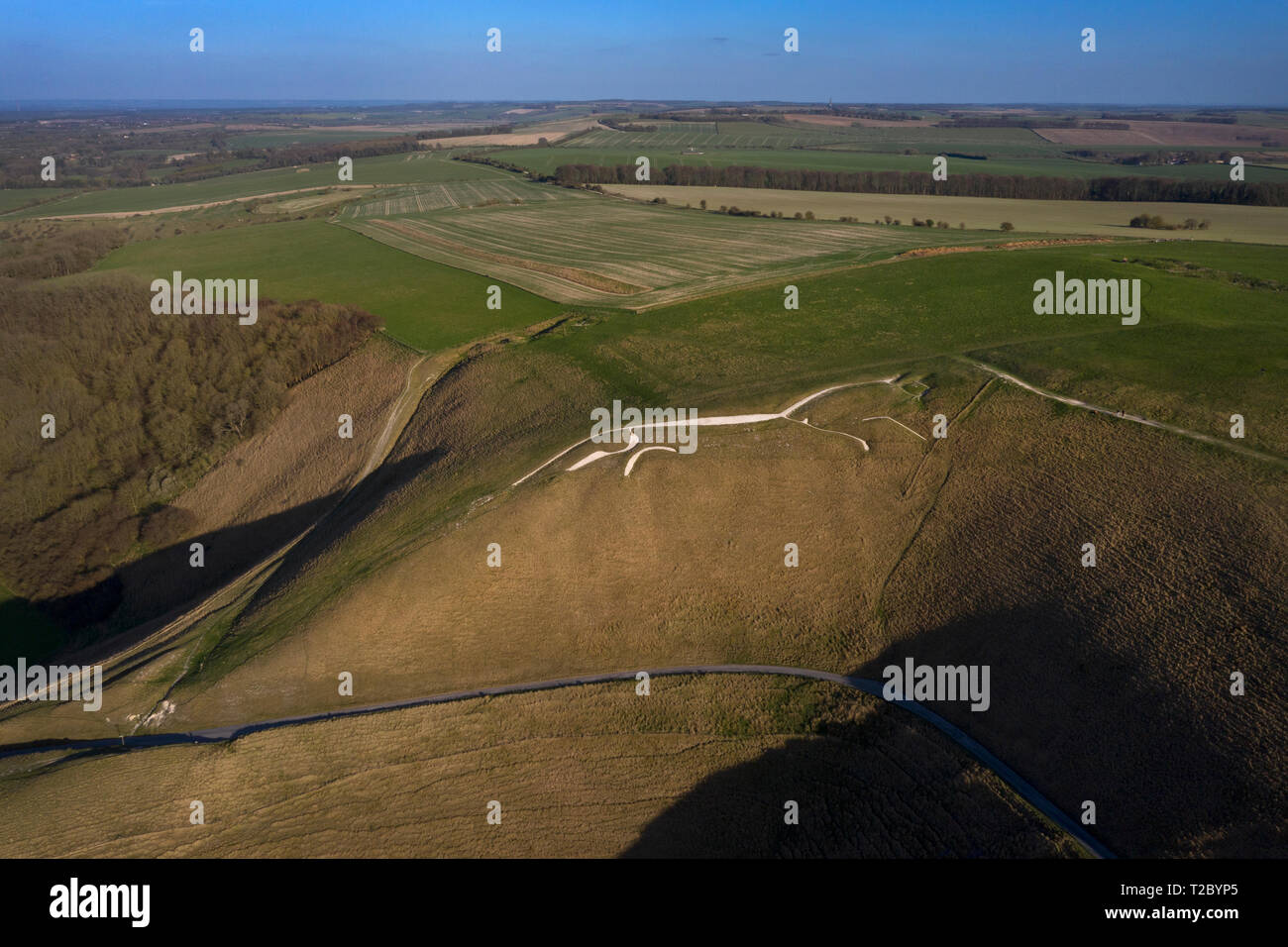 Cheval Blanc d'Uffington l'air avec un bourdon,Uffington Oxfordshire, Angleterre, Royaume-Uni Banque D'Images
