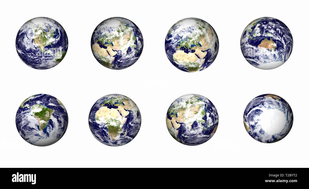 Earth icons set. Meilleur angle de vue pour l'Amérique du Nord, Amérique du Sud, Europe, Moyen-Orient et Afrique du Nord, l'Afrique, la Chine et l'Inde, l'Australie, une région Banque D'Images