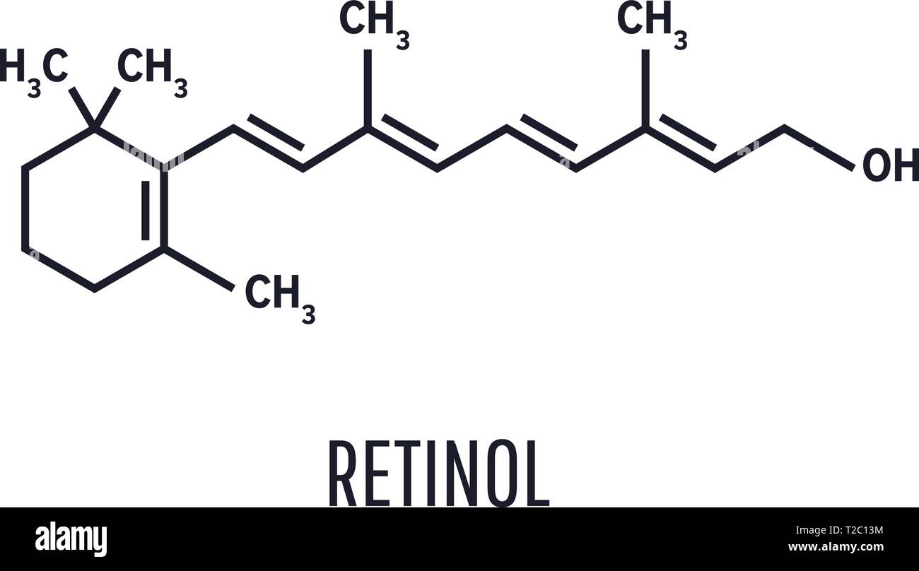 La Vitamine A rétinol molécule. Formule topologique du rétinol, la vitamine A. .indispensable à la vision et la croissance osseuse, la santé des cheveux et de la peau Illustration de Vecteur