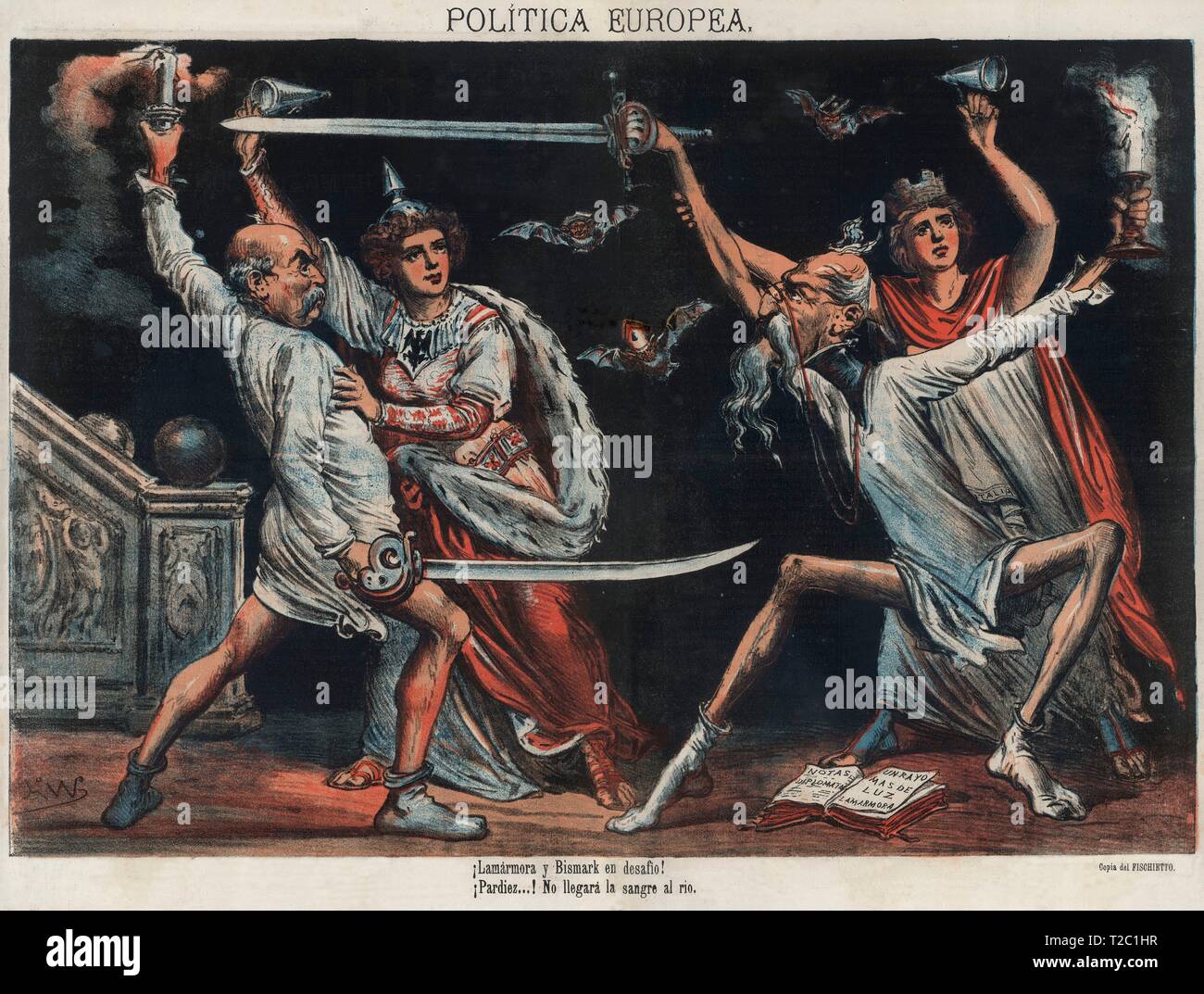 Ilustración satírica sobre la política europea y las relaciones entre el primer ministro italiano Alfonso Ferrero La Marmora (1804-1878) y el canciller allemand Otto von Bismarck (1815-1896). La gravure de 1874. Banque D'Images