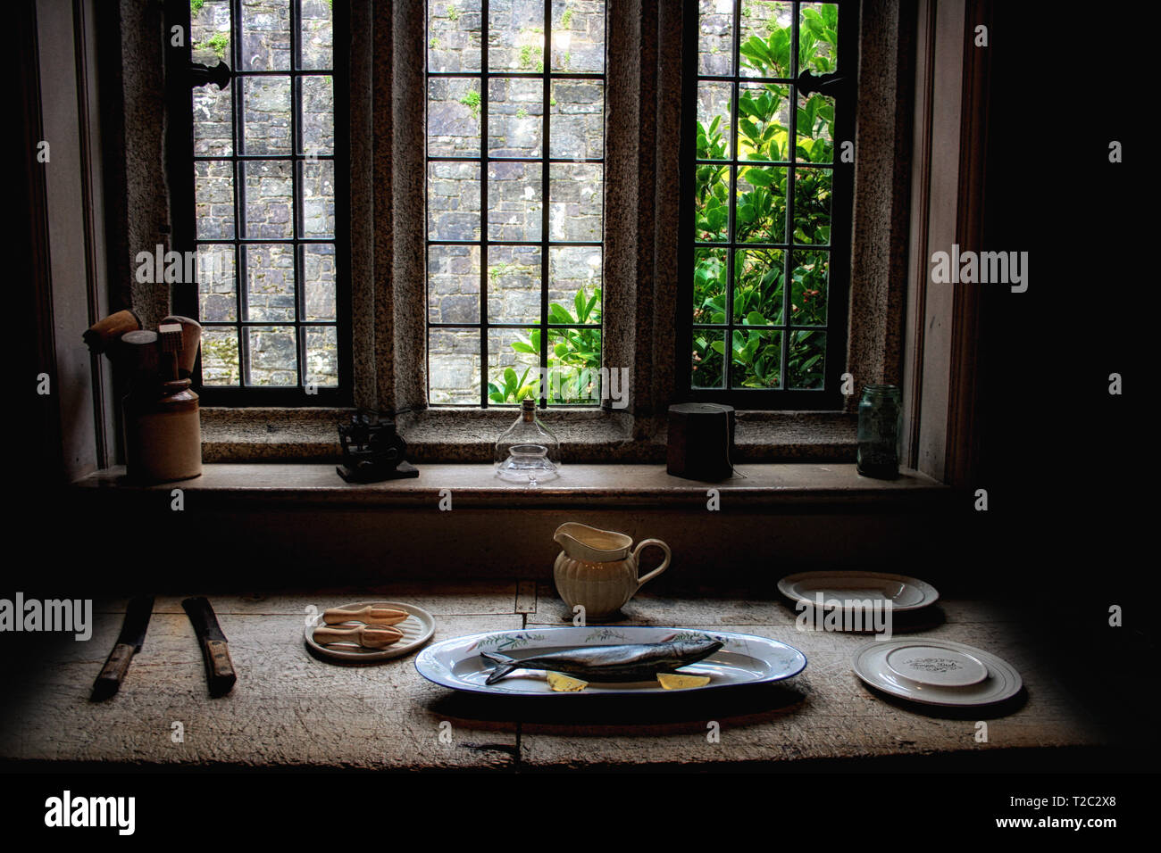 Belle la vie toujours dans la composition de style vintage cuisine avec fenêtres, plaques et un poisson. Banque D'Images