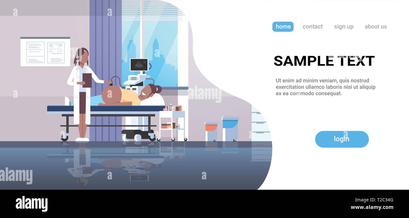 Femme enceinte visiter african american doctor doing fœtus échographie de dépistage à moniteur numérique consultation gynécologique concept intérieur de l'hôpital Illustration de Vecteur